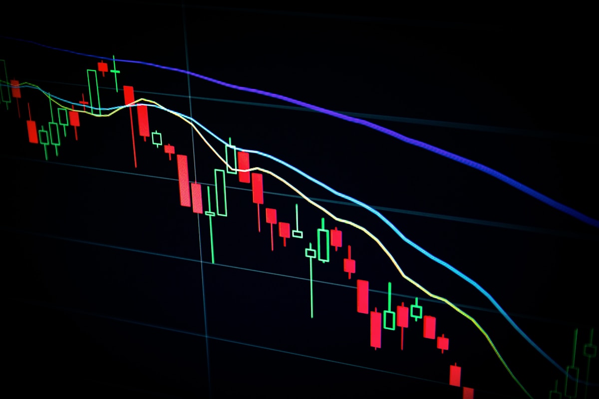 Red and green candlesticks on a financial market chart